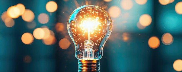 Poster - Explosion of lightbulb showing filament and invention concept. Bright light bulb illuminating a colorful background.