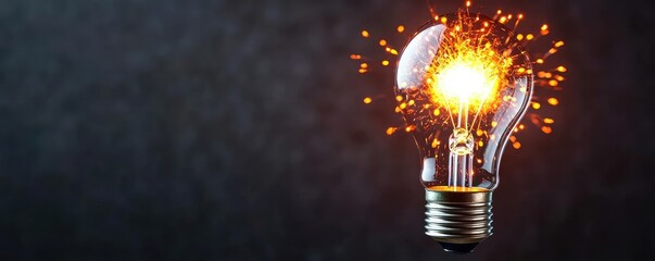 Poster - Explosion of lightbulb showing filament and invention concept. A glowing light bulb emitting sparks on a dark background.