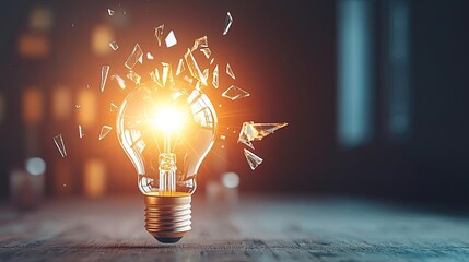 Aufkleber - Explosion of lightbulb showing filament and invention concept. A shattered light bulb emitting bright light in a dark setting.