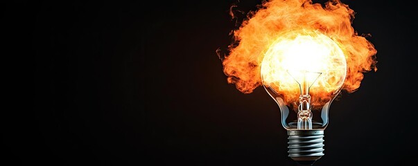 Poster - Explosion of lightbulb showing filament and invention concept. A light bulb ignited with flames showcasing energy and creativity.