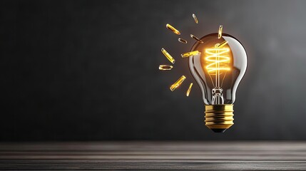 Poster - Explosion of lightbulb showing filament and invention concept. Illuminated light bulb glowing in a dark ambiance, symbolizing ideas.