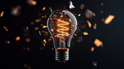 Poster - Explosion of lightbulb showing filament and invention concept. A shattered light bulb illuminating creative ideas and innovation.