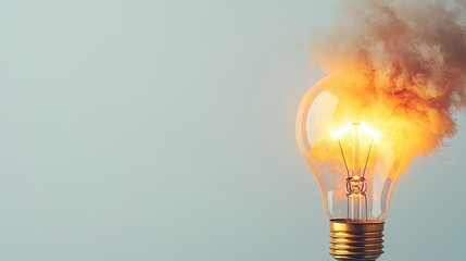 Poster - Explosion of lightbulb showing filament and invention concept. A glowing light bulb with smoke, symbolizing innovation and ideas.