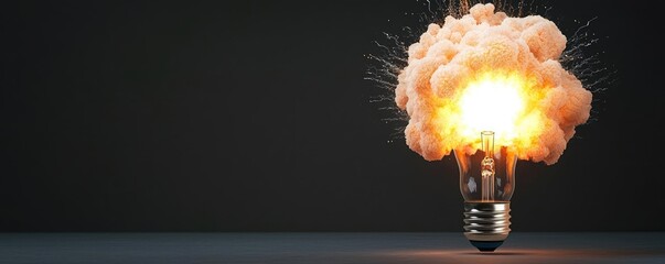 Poster - Explosion of lightbulb showing filament and invention concept. A light bulb exploding, representing innovation and ideas.