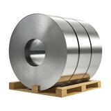 Roll of steel coil on wooden pallet isolated on transparent white background, clipping path
