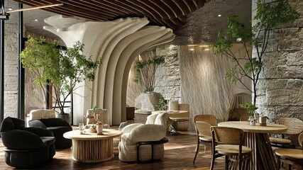 Poster - Serene Cafe Interior: Modern and inviting cafe interior with unique design and natural elements creates a peaceful and aesthetic atmosphere, ideal for relaxation and socializing.