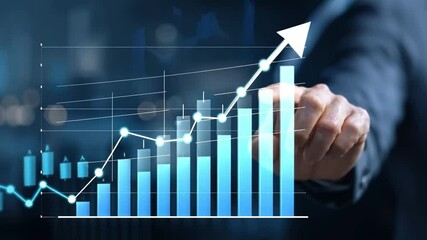 Poster - Financial Growth Visualization: A close-up shot of a hand pointing toward a rising financial chart, visually representing positive business growth, economic progress.