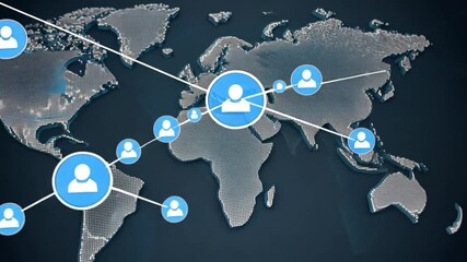 Poster - Global Network Connection: A stylized world map displays interconnectedness through a network of light blue profile icons, symbolizing global communication and collaboration.