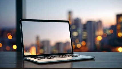 Poster - Digital Canvas at Twilight: A sleek laptop sits poised on a reflective surface, its screen mirroring a captivating city skyline bathed in the soft hues of twilight.