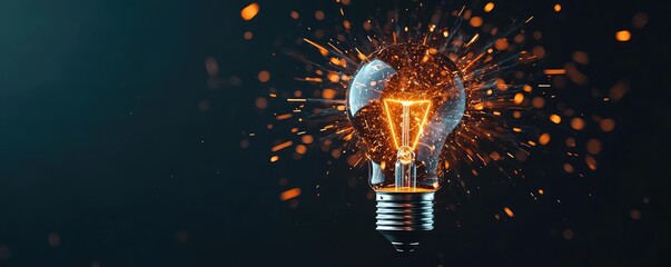 Aufkleber - Explosion of lightbulb showing filament and invention concept. A glowing light bulb bursting with sparks against a dark background.