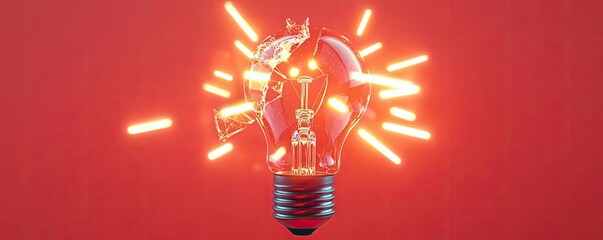 Poster - Explosion of lightbulb with creative invention impact concept. A glowing light bulb emitting sparks against a vibrant red backdrop.