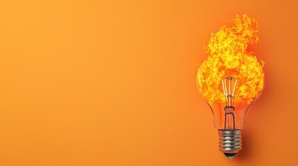 Poster - Explosion of lightbulb in electric high-speed burst concept. A glowing light bulb encased in vibrant flames against orange background.