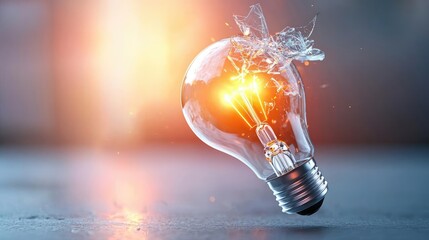 Poster - Explosion of lightbulb showing filament and invention concept. A shattered light bulb emits a bright luminous glow.