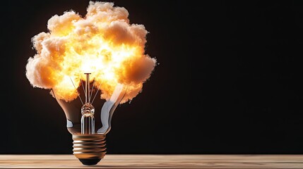 Poster - Explosion of lightbulb in electric high-speed burst concept. A light bulb explodes with vibrant flames and smoke.