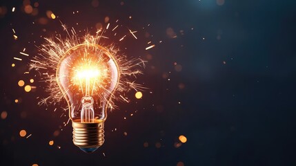 Poster - Explosion of lightbulb showing filament and invention concept. Illuminated light bulb with sparks showcasing innovative ideas.