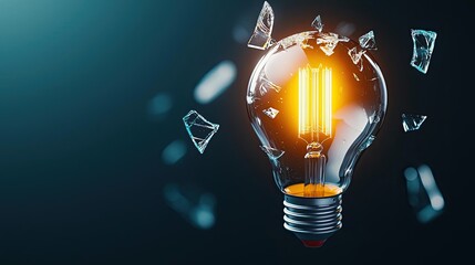 Poster - Explosion of lightbulb showing filament and invention concept. A broken light bulb with glowing filament surrounded by shards.