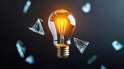Poster - Explosion of lightbulb showing filament and invention concept. Illuminating light bulb with fragments, symbolizing innovation.