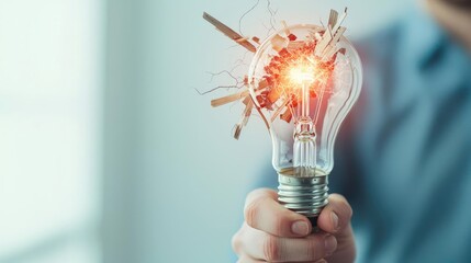 Poster - Explosion of lightbulb in electric high-speed burst concept. Illuminated light bulb showing sparks of innovation and creativity.