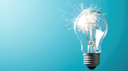 Poster - Explosion of lightbulb in electric high-speed burst concept. Glowing light bulb emits sparks against a vibrant blue backdrop.