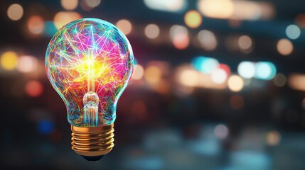 Poster - Explosion of lightbulb with creative invention impact concept. A vibrant light bulb glowing with colorful energy patterns.