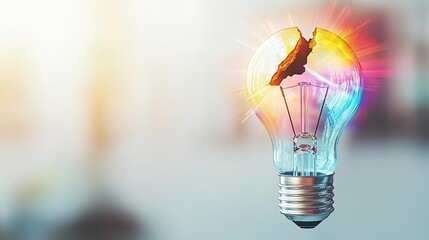 Poster - Explosion of lightbulb with creative invention impact concept. Creative light bulb with a broken design emanating colorful lights.