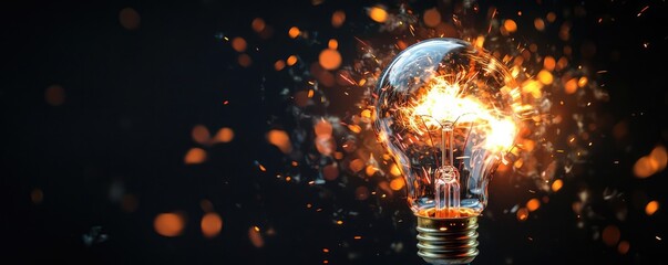 Poster - Explosion of lightbulb showing filament and invention concept. A light bulb bursts, illuminating the darkness with sparks.