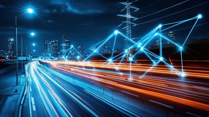 Poster - Dynamic urban night scene with streaks of light and digital connectivity lines.