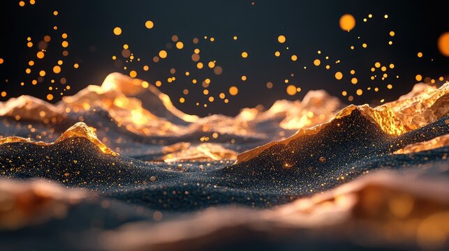 Futuristic digital terrain with gold texture against deep black backdrop