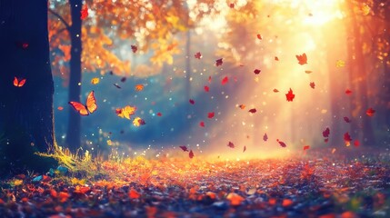 Poster - Motion blur of glowing orange and red leaves falling in woods