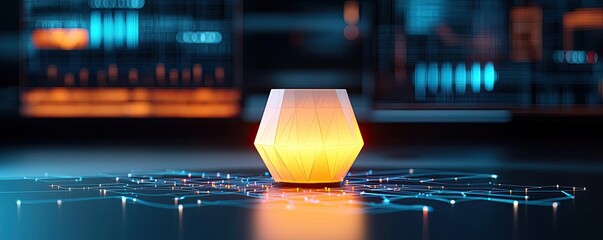 Poster - Polygon lightbulb featuring lamp and network concept. Futuristic light source illuminating a modern digital environment.