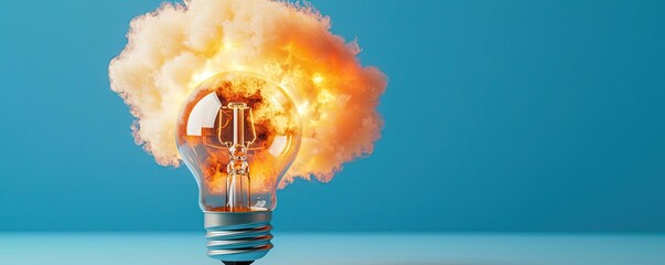Poster - Explosion of lightbulb showing filament and invention concept. A glowing light bulb emitting cloud-like energy bursts.
