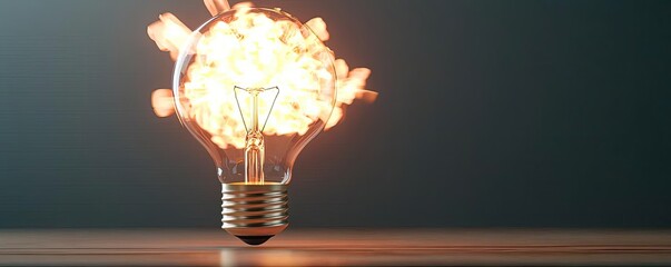 Poster - Explosion of lightbulb showing filament and invention concept. Illuminated light bulb with sparks, symbolizing innovative ideas.