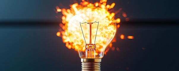 Poster - Explosion of lightbulb showing filament and invention concept. A light bulb ignites with flames symbolizing bright ideas.