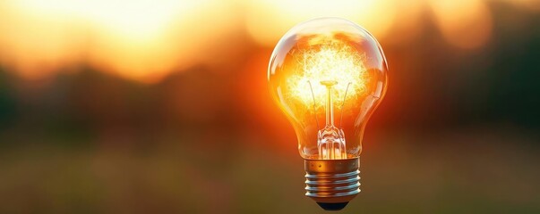 Poster - Explosion of lightbulb showing filament and invention concept. A glowing light bulb against a vibrant sunset background.