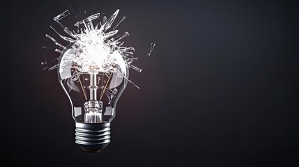 Poster - Explosion of lightbulb showing filament and invention concept. A broken light bulb exploding with sparks in a dark background.