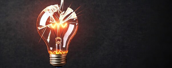 Poster - Explosion of lightbulb showing filament and invention concept. Innovative light bulb design with a unique shattering effect.
