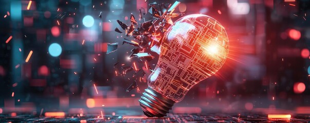 Aufkleber - Explosion of lightbulb with creative invention impact concept. A high-tech light bulb bursting with digital sparks and energy.