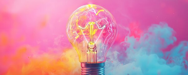 Poster - Explosion of lightbulb with creative invention impact concept. A light bulb glowing in colorful smoke, symbolizing creativity.