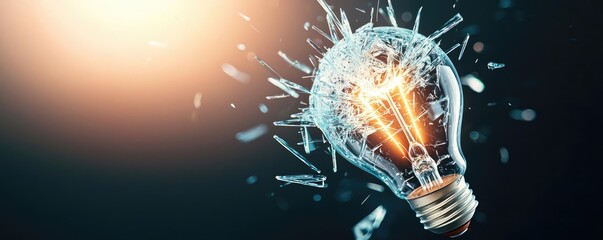 Poster - Explosion of lightbulb showing filament and invention concept. An exploding light bulb symbolizes innovation and creativity.