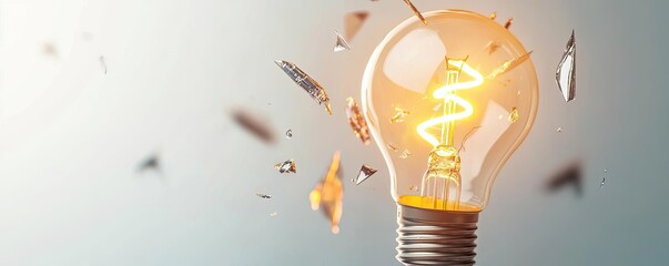 Poster - Explosion of lightbulb showing filament and invention concept. A shattered light bulb symbolizing innovation and creativity.