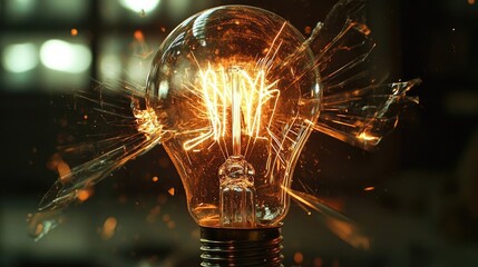 Poster - Explosion of lightbulb in electric high-speed burst concept. A shattered light bulb revealing glowing filaments inside.