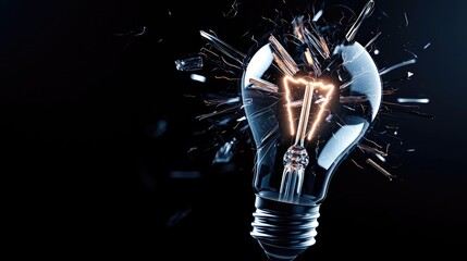Poster - Explosion of lightbulb in electric high-speed burst concept. A shattered light bulb with glowing filament on a dark background.