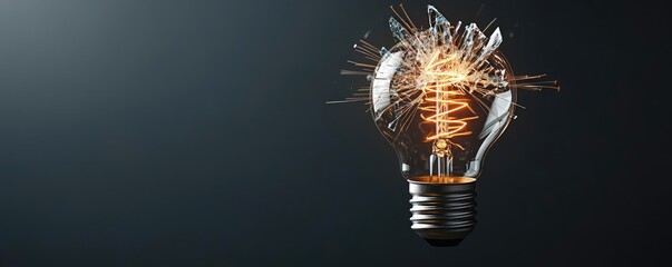 Poster - Explosion of lightbulb showing filament and invention concept. Illuminated light bulb with electric sparks on a dark background.