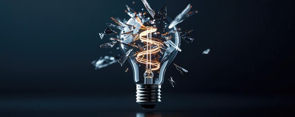 Poster - Explosion of lightbulb showing filament and invention concept. Shattered light bulb with glowing filament illuminating darkness.