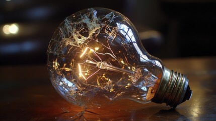 Poster - Explosion of lightbulb showing filament and invention concept. A close-up view of an illuminated vintage light bulb on a table.
