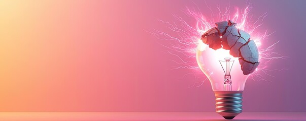 Poster - Explosion of lightbulb with creative invention impact concept. Creative concept of a brain inside a light bulb symbolizing ideas.