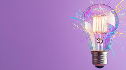 Poster - Explosion of lightbulb with creative invention impact concept. A vibrant light bulb glowing with electric energy on a purple background.