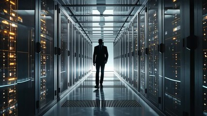 Poster - Digital Domain: A lone figure strides purposefully through a futuristic server room, an environment of technological marvel and data management.