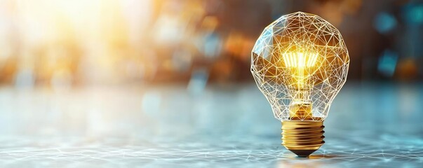 Poster - Polygon lightbulb in business and idea exchange concept. Close-up of a glowing light bulb symbolizing innovation and ideas.