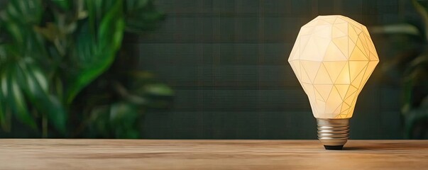 Poster - Polygon lightbulb in business and idea exchange concept. Stylish geometric lamp casting warm light on wooden table.